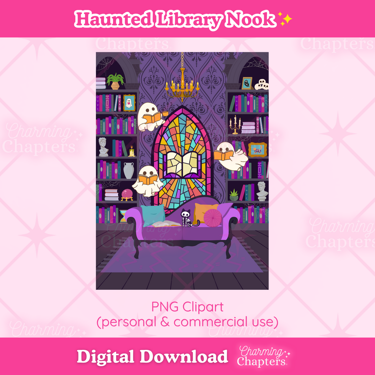 Digital clipart preview for a 'Haunted Library Nook' design, featuring a purple gothic library scene with a chaise lounge, bookshelves, a stained-glass window, and three white ghosts. The image is labeled as a digital download and includes branding for 'Charming Chapters'.