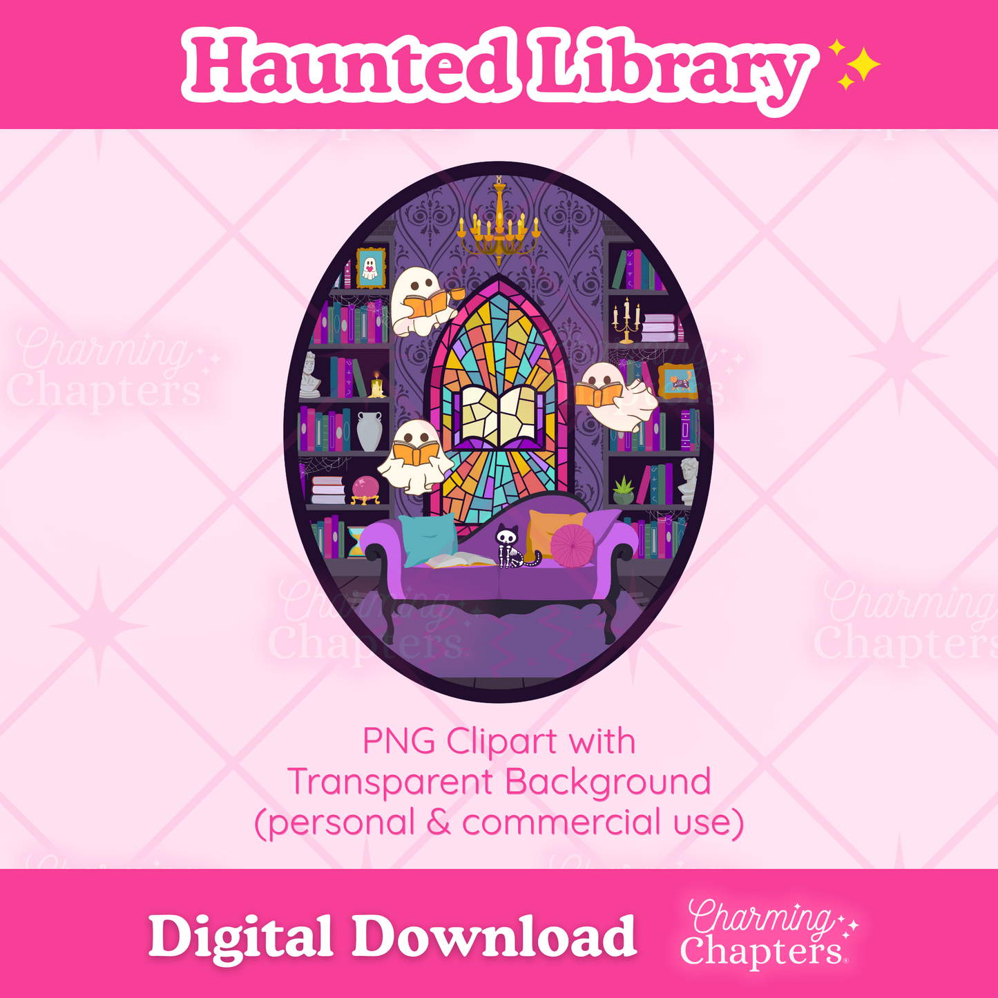 Digital clipart preview for a 'Haunted Library' design, featuring a purple gothic library scene with a chaise lounge, bookshelves, a stained-glass window, and three white ghosts. The image is labeled as a digital download and includes branding for 'Charming Chapters'.
