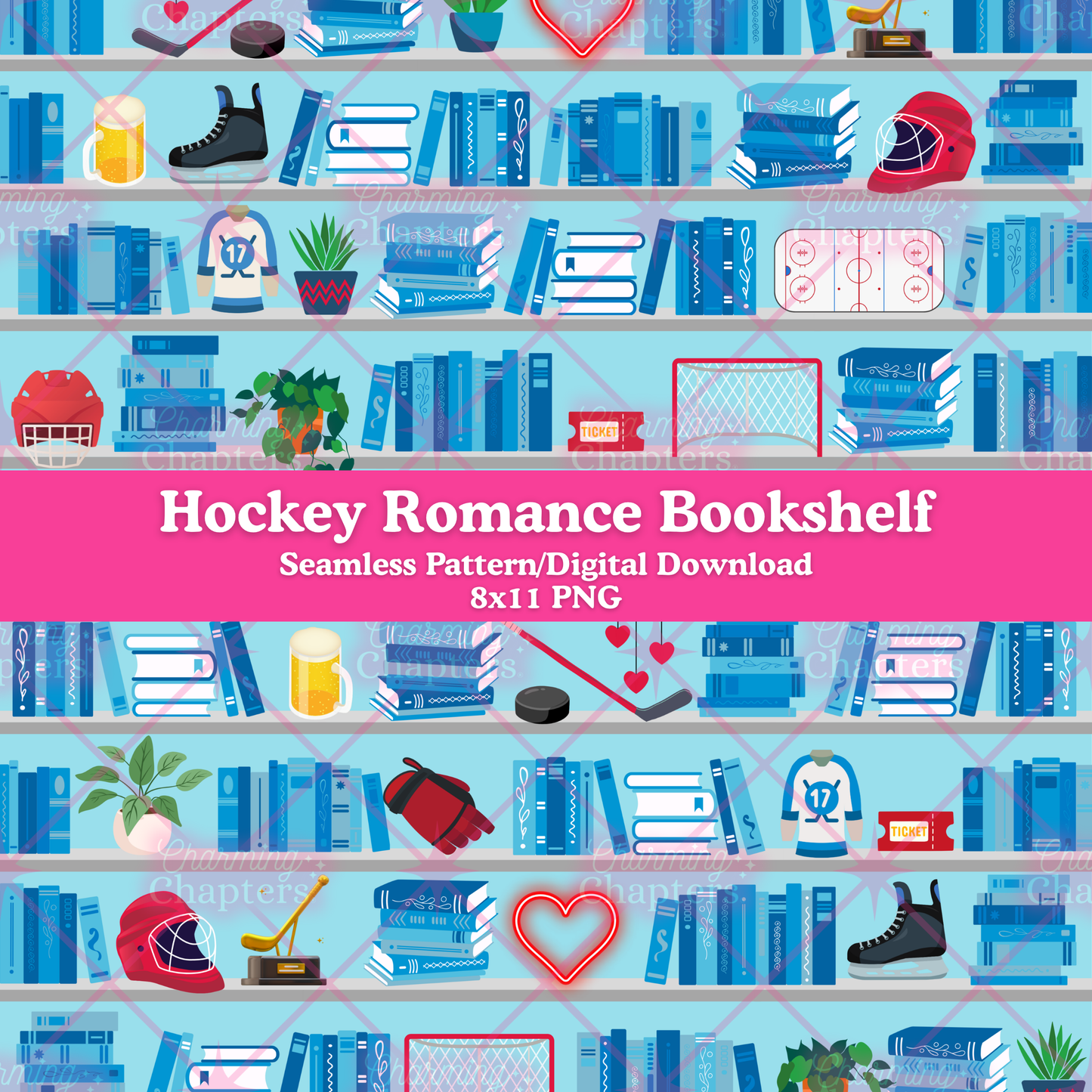 A digital graphic preview of a seamless pattern featuring hockey-themed bookshelves. The design includes blue books, hockey skates, helmets, rinks, potted plants, and hearts on light blue shelves, with a prominent pink banner in the center reading 'Hockey Romance Bookshelf' and 'Seamless Pattern/Digital Download 8x11 PNG'.