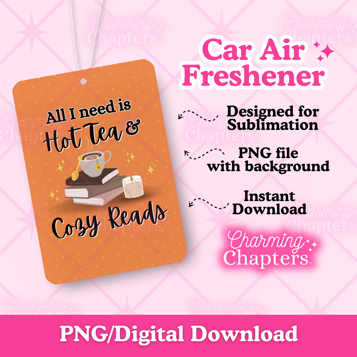 Digital preview for a car air freshener with an orange bookish design that features the text 'All I need is Hot Tea & Cozy Reads'. The air freshener is displayed over a pink background that includes details about the design.