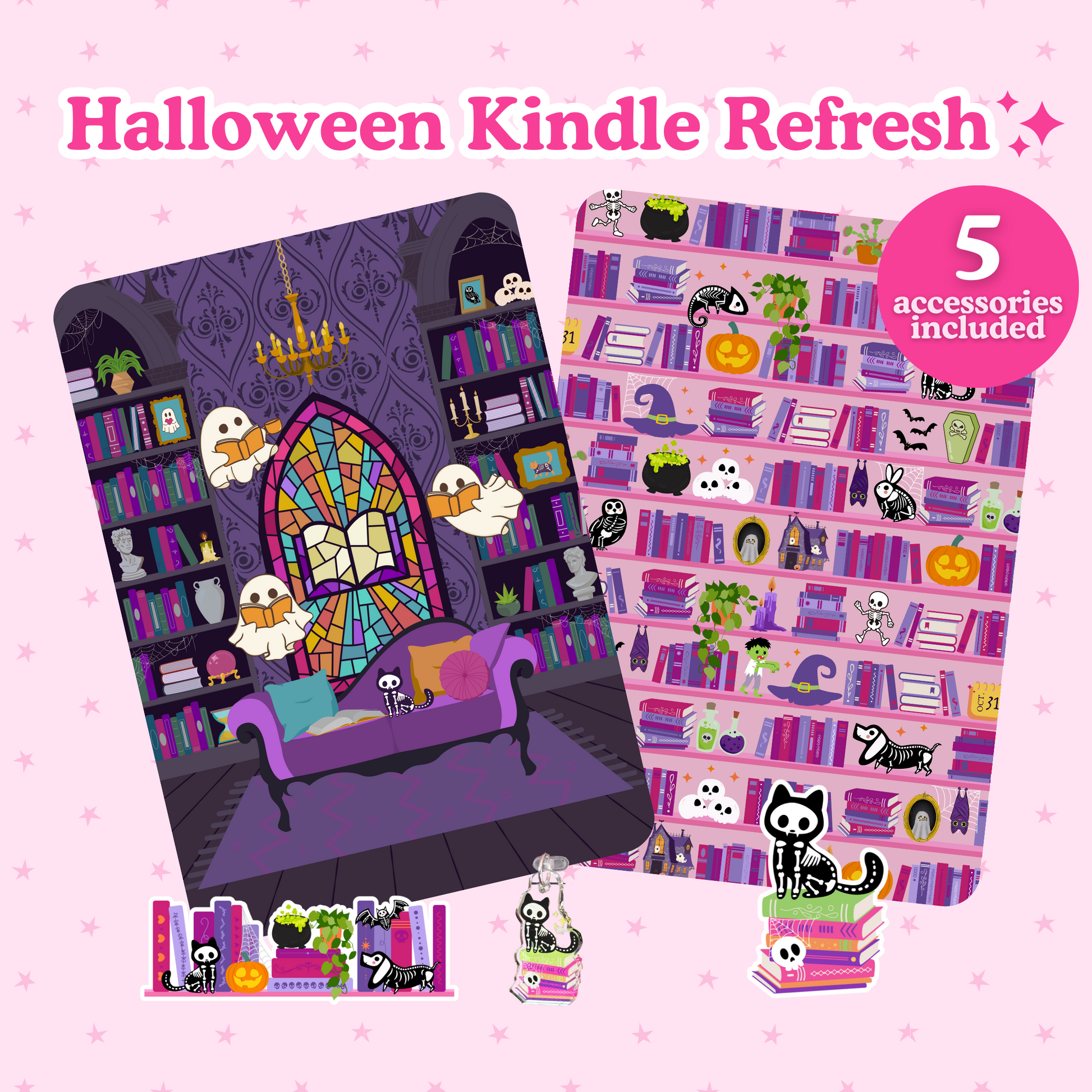 Halloween-themed Kindle accessories on a pink background with text indicating 5 accessories included.