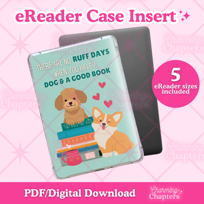 Promotional graphic for an eReader case insert featuring a dog lover and bookish design. The insert is shown in front of a dark gray eReader device, with pink text reading 'eReader Case Insert,' '5 eReader sizes included,' and 'PDF/Digital Download' on a pink patterned background with branding for Charming Chapters.