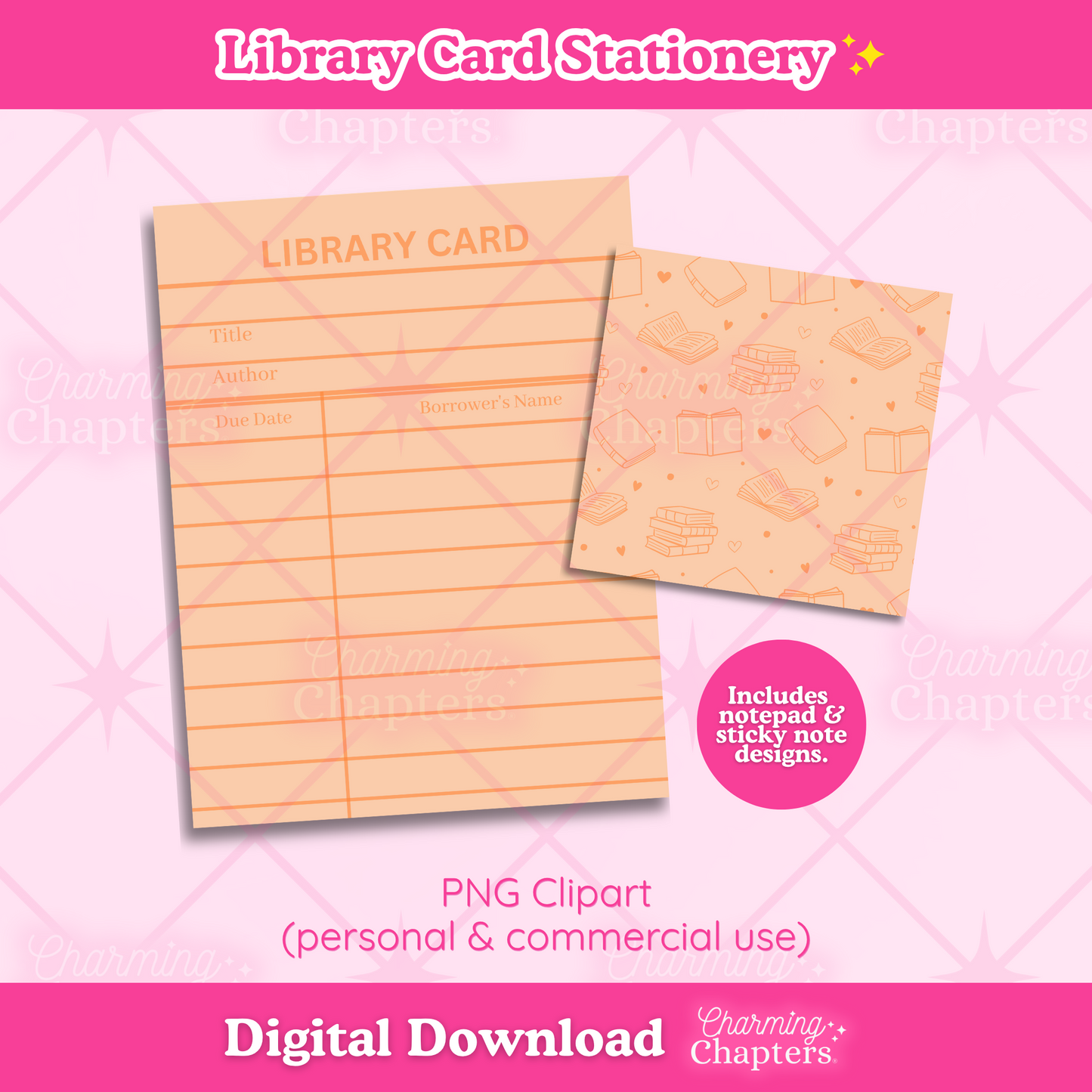 Digital download preview of library card stationery, showing a black-and-white library card notepad and a small sticky note with book-themed illustrations, both are shown on top of a pink patterned background. Text indicates PNG clipart, digital download, and branding for Charming Chapters.