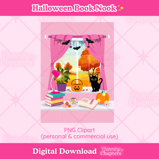 Digital clipart preview for a Halloween-themed book nook scene, featuring pink curtains, a window with autumn trees, a black cat, pumpkins, books, and a pink lamp on a pink patterned background. Text reads 'Halloween Book Nook' and 'Digital Download'.
