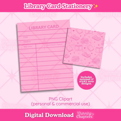 Preview of a digital download for a stationery set of a notepad and sticky note set featuring a pink library card design, on a pink background with text reading 'Library Card Stationery' and 'Digital Download' by Charming Chapters.
