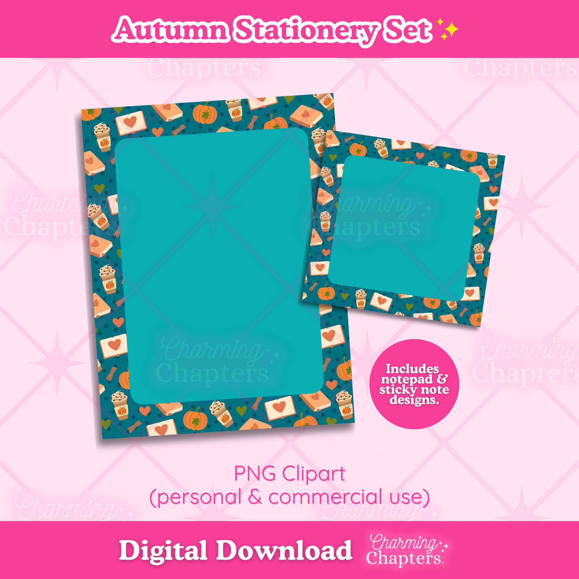 Preview of a digital download for an autumn-themed stationery set of a note pad and sticky note set featuring pumpkin coffee and books design, on a pink background with text reading 'Autumn Stationery Set' and 'Digital Download' by Charming Chapters.
