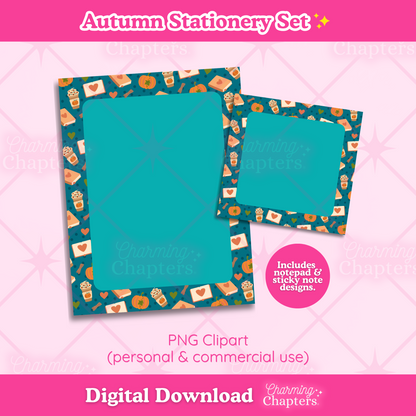 Preview of a digital download for an autumn-themed stationery set of a note pad and sticky note set featuring pumpkin coffee and books design, on a pink background with text reading 'Autumn Stationery Set' and 'Digital Download' by Charming Chapters.