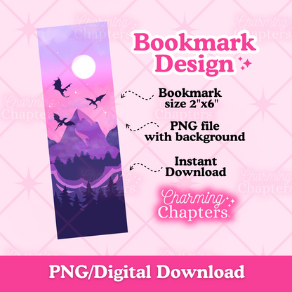 A digital preview of a vertical rectangular bookmark design featuring three dragons flying above a purple mountain scene. The text on the mockup reads Bookmark Design, Bookmark size 2"x6", PNG file with background, Instant Download, and branding for Charming Chapters.
