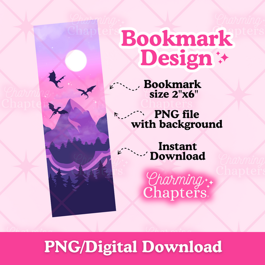 A digital preview of a vertical rectangular bookmark design featuring three dragons flying above a purple mountain scene. The text on the mockup reads Bookmark Design, Bookmark size 2"x6", PNG file with background, Instant Download, and branding for Charming Chapters.