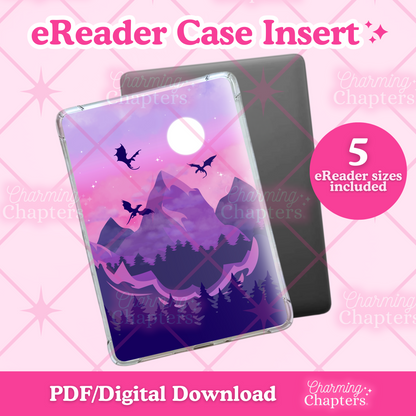 eReader case insert with purple mountains and flying dragon design on a pink grid background.