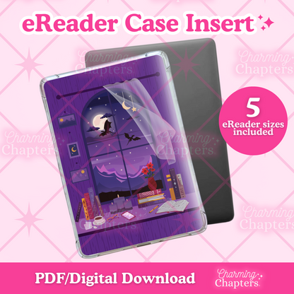 eReader case insert with a purple fantasy reading nook design on a pink grid background.