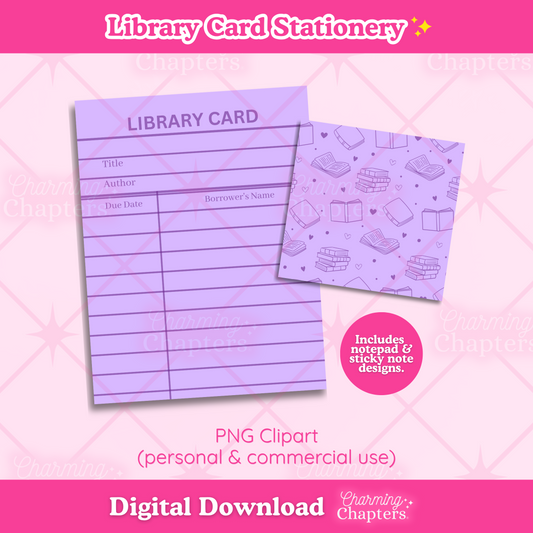 Preview of a digital download for a stationery set of a notepad and sticky note set featuring a purple library card design, on a pink background with text reading 'Library Card Stationery' and 'Digital Download' by Charming Chapters.