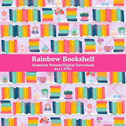 A repeating pattern of colorful bookshelves with rows of rainbow book spines, small potted plants, flowers, teacups, and hanging ornaments on a pale pink background. A wide pink banner across the center reads 'Rainbow Bookshelf' and 'Seamless Pattern/Digital Download 8x11 PNG' with branding for Charming Chapters.
