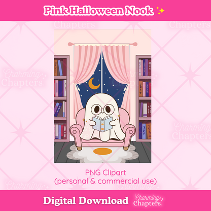 Digital clipart preview of a cute cartoon ghost character sitting in a pink armchair and reading a book, set against a cozy room with bookshelves and curtains. The words 'Pink Halloween Nook' and 'Digital Download PNG Clipart (personal & commercial use)' are also shown.