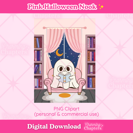 Digital clipart preview of a cute cartoon ghost character sitting in a pink armchair and reading a book, set against a cozy room with bookshelves and curtains. The words 'Pink Halloween Nook' and 'Digital Download PNG Clipart (personal & commercial use)' are also shown.