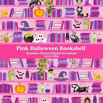Pink Halloween Bookshelf Seamless Pattern
