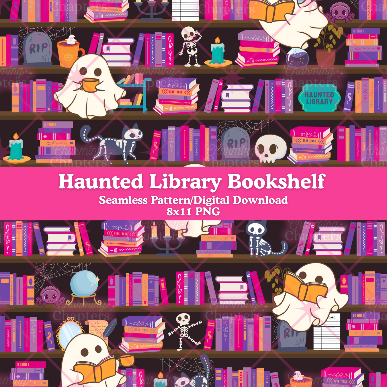 Haunted Library Bookshelf Seamless Pattern