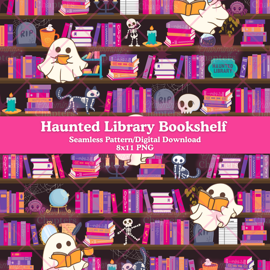 Haunted Library Bookshelf Seamless Pattern