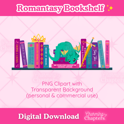 Digital clipart preview for a Romantasy Bookshelf design, featuring illustrated books and a green dragon on a pink background with text reading 'Romantasy Bookshelf' and 'Digital Download' with branding for Charming Chapters.