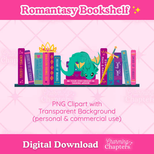 Digital clipart preview for a Romantasy Bookshelf design, featuring illustrated books and a green dragon on a pink background with text reading 'Romantasy Bookshelf' and 'Digital Download' with branding for Charming Chapters.