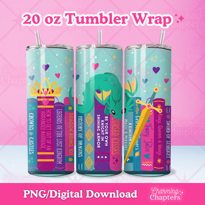 A graphic for a 20 oz tumbler wrap featuring a romantasy bookshelf design. The design  showcases a bookshelf filled with fantasy books, a dragon, sword and crown. The graphic includes the text "20 oz Tumbler Wrap" and "PNG/Digital Download" with branding for Charming Chapters.