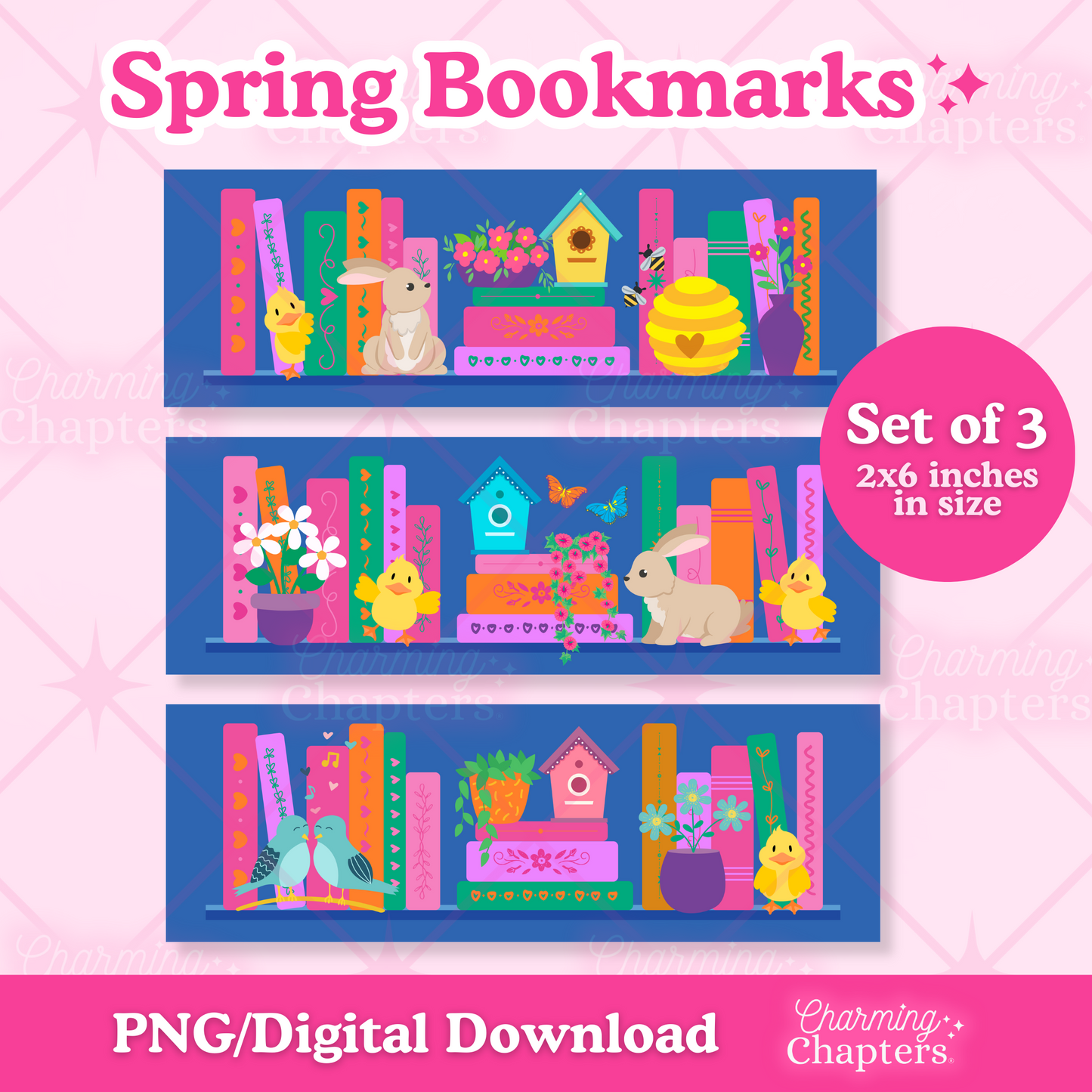 Set of three spring-themed bookmarks on a pink background with text indicating digital download.