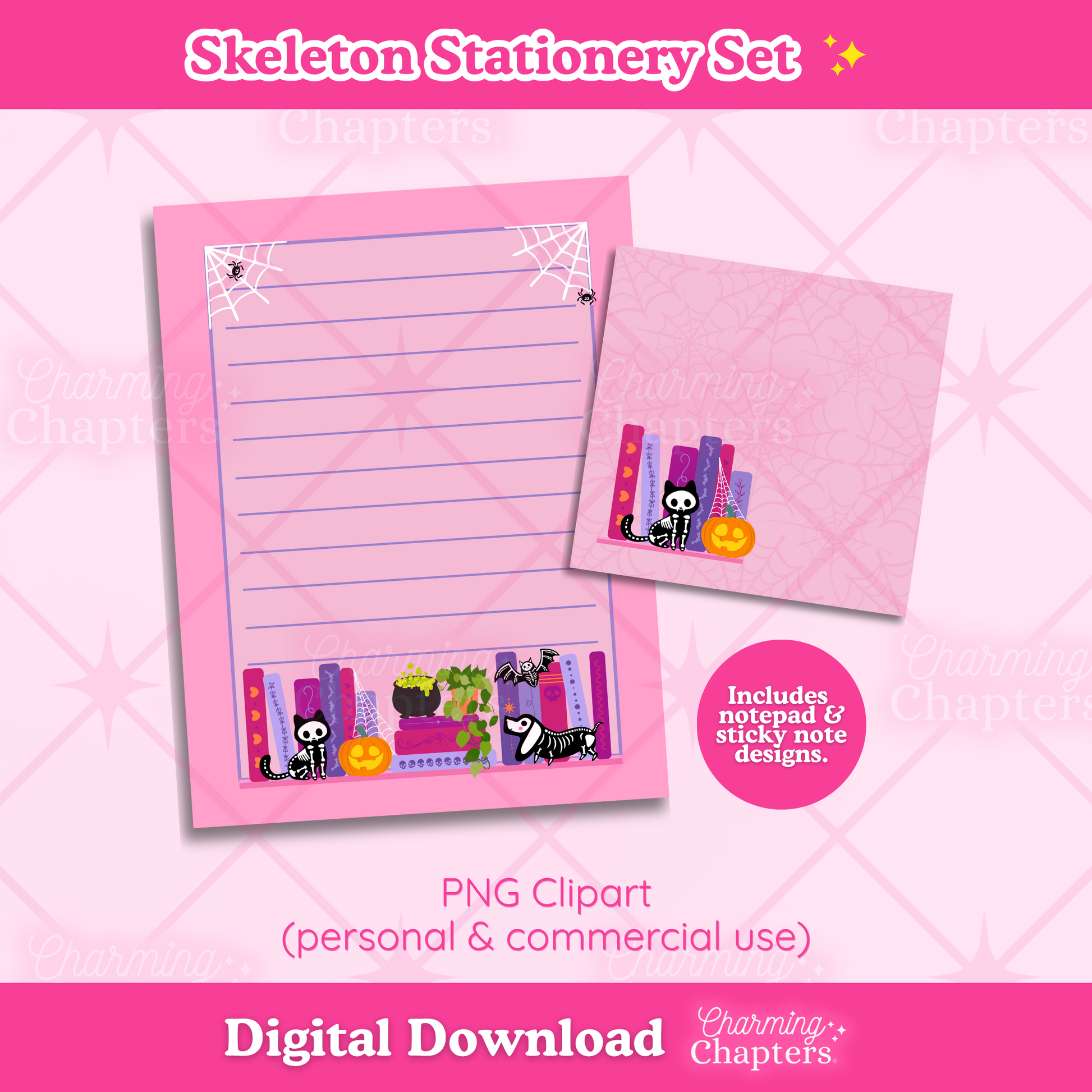 A digital product listing for a 'Skeleton Stationery Set' featuring pink lined notepad pages and matching sticky notes decorated with a Halloween bookshelf including skeleton animals, books, spiders, and pumpkin illustrations. The image is a promotional graphic with text overlays indicating it is a digital download from Charming Chapters.