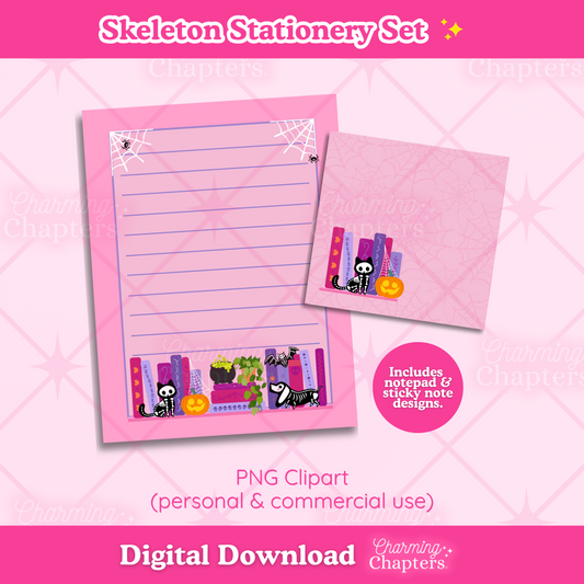 A digital product listing for a 'Skeleton Stationery Set' featuring pink lined notepad pages and matching sticky notes decorated with a Halloween bookshelf including skeleton animals, books, spiders, and pumpkin illustrations. The image is a promotional graphic with text overlays indicating it is a digital download from Charming Chapters.