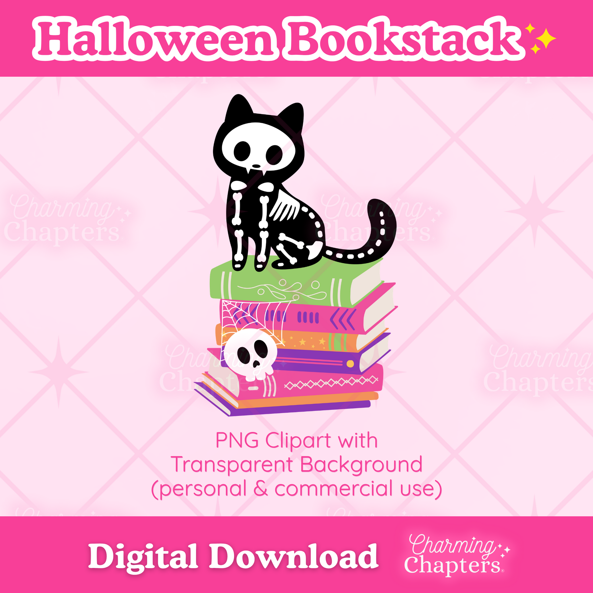 Digital graphic design featuring a black cat skeleton sitting on a stack of haunted books, presented on a pink background with 'Halloween Bookstack' branding and 'Digital Download' text.