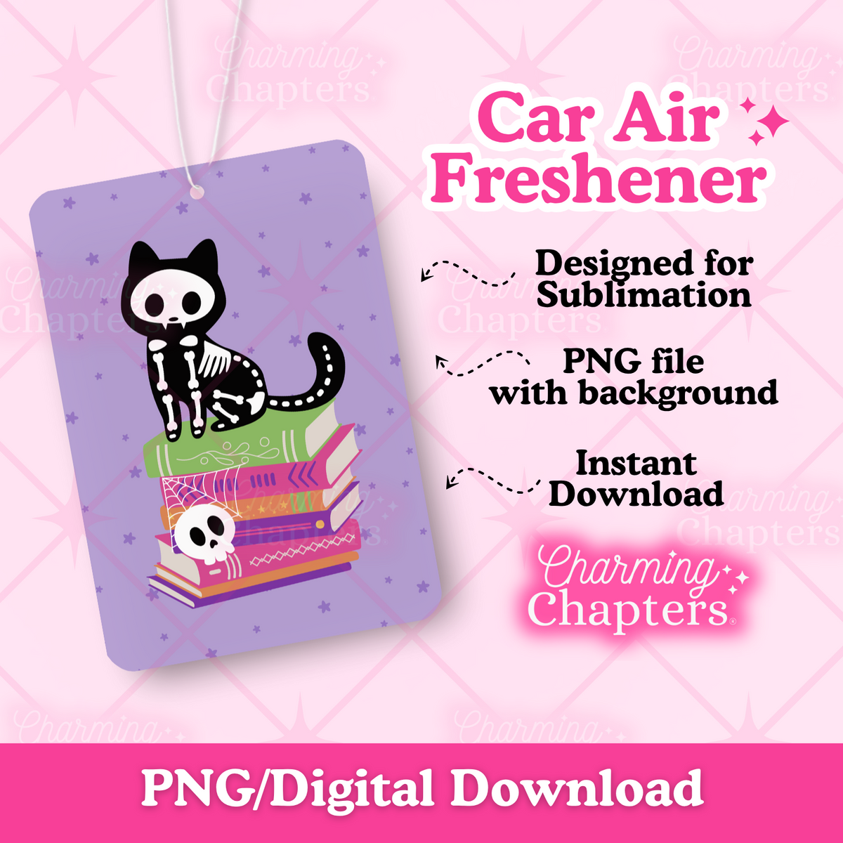 Digital preview for a car air freshener design featuring a black cat skeleton sitting on a stack of books with a spider web and skull with a purple star background. The air freshener is shown on a pink patterned background with text detailing the digital download features.
