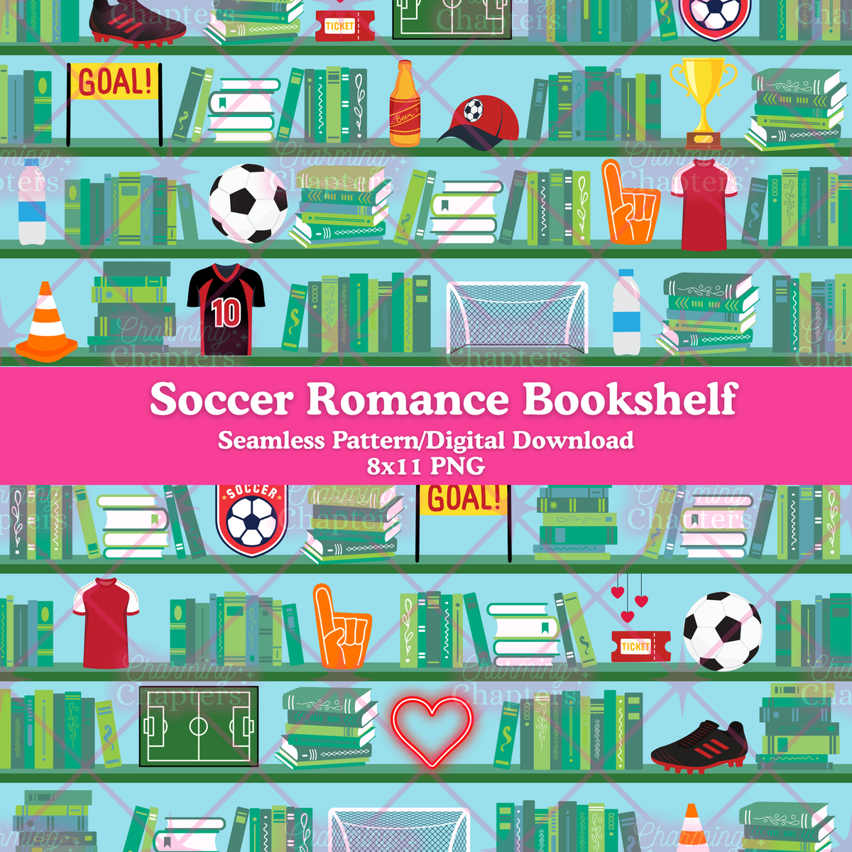 A repeating soccer-themed bookshelf pattern with books, soccer balls, jerseys, trophies, signs, and a central pink banner reading 'Soccer Romance Bookshelf' and 'Seamless Pattern/Digital Download 8x11 PNG'.