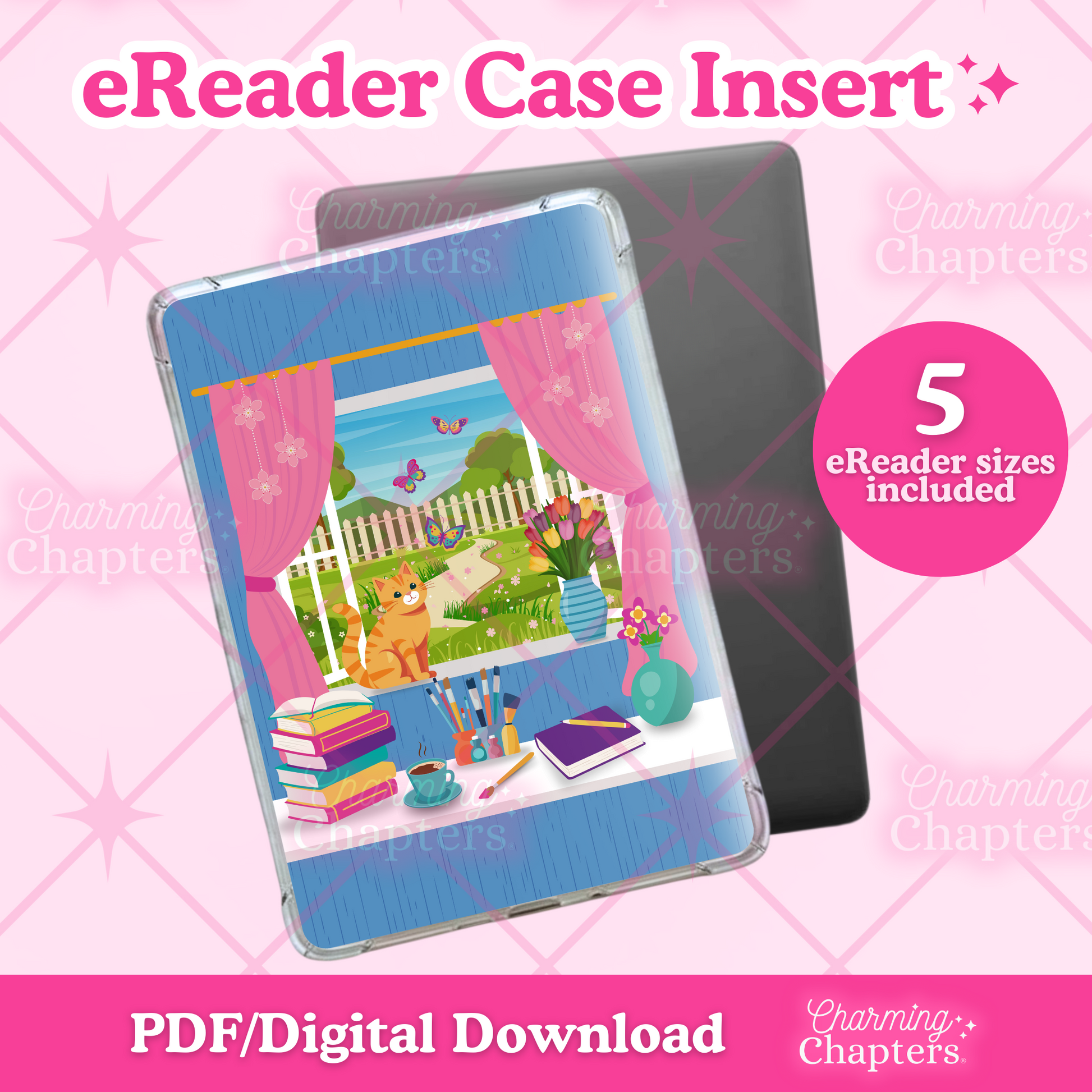 eReader case insert with spring reading nook design on a pink grid background.