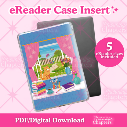 eReader case insert with spring reading nook design on a pink grid background.
