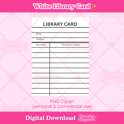 A preview for a digital download of a white library card clipart design. The design is shown on top of a pink background with the words 'PNG clipart', 'personal & commercial use' and 'digital download' with branding for Charming Chapters.
