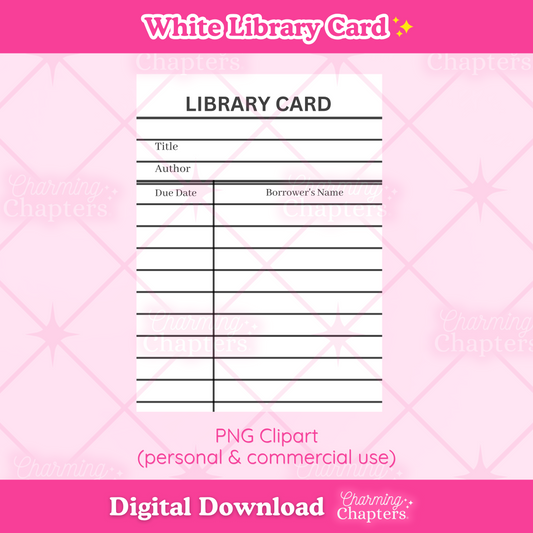 A preview for a digital download of a white library card clipart design. The design is shown on top of a pink background with the words 'PNG clipart', 'personal & commercial use' and 'digital download' with branding for Charming Chapters.