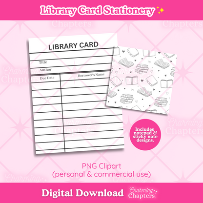 Digital download preview of library card stationery, showing a black-and-white library card notepad and a small sticky note with book-themed illustrations, both are shown on top of a pink patterned background. Text indicates PNG clipart, digital download, and branding for Charming Chapters.