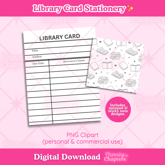 Digital download preview of library card stationery, showing a black-and-white library card notepad and a small sticky note with book-themed illustrations, both are shown on top of a pink patterned background. Text indicates PNG clipart, digital download, and branding for Charming Chapters.