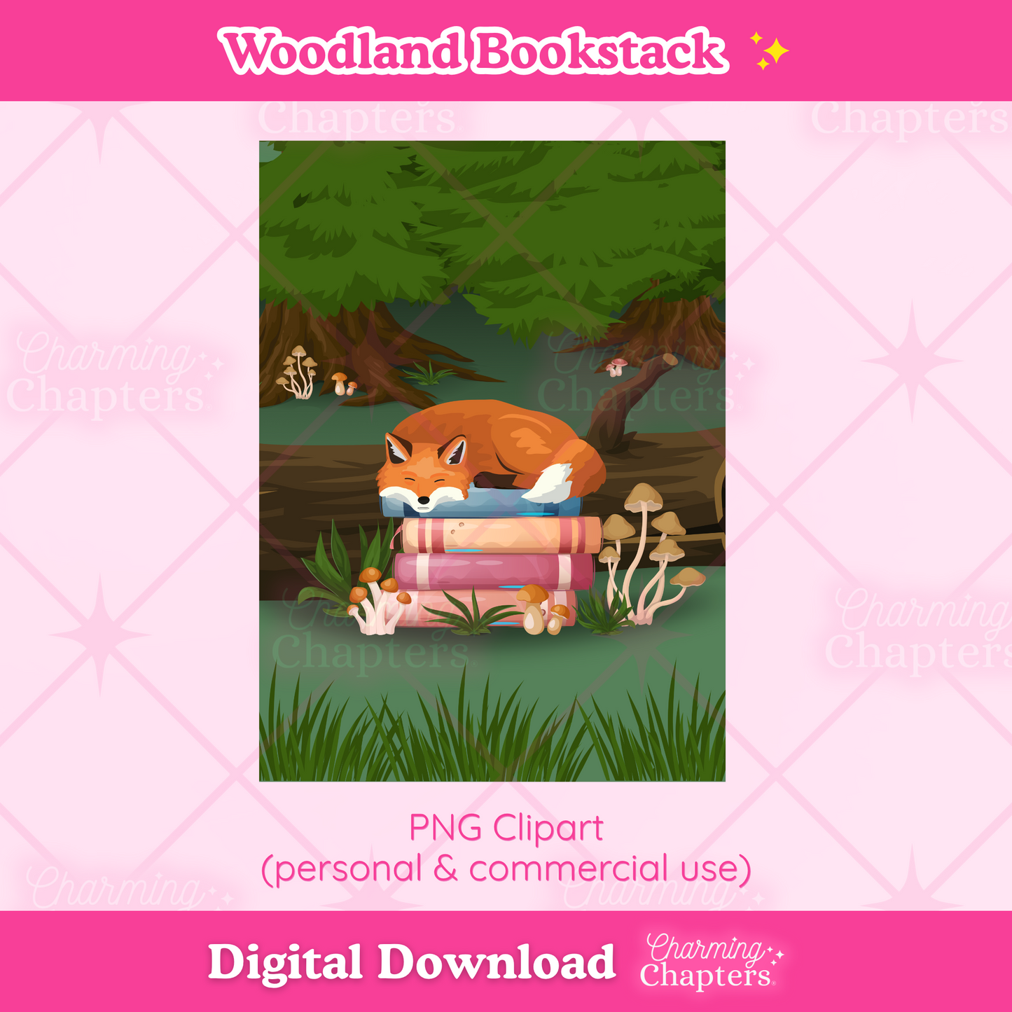 Digital clipart preview for a woodland fox sleeping on a stack of books in a forest setting, labeled as a PNG clipart digital download from Charming Chapters.