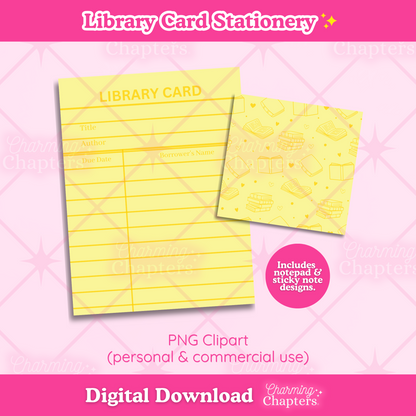 Digital download preview of library card stationery, showing a yellow library card notepad and a small sticky note with book-themed illustrations, both are shown on top of a pink patterned background. Text indicates PNG clipart, digital download, and branding for Charming Chapters.