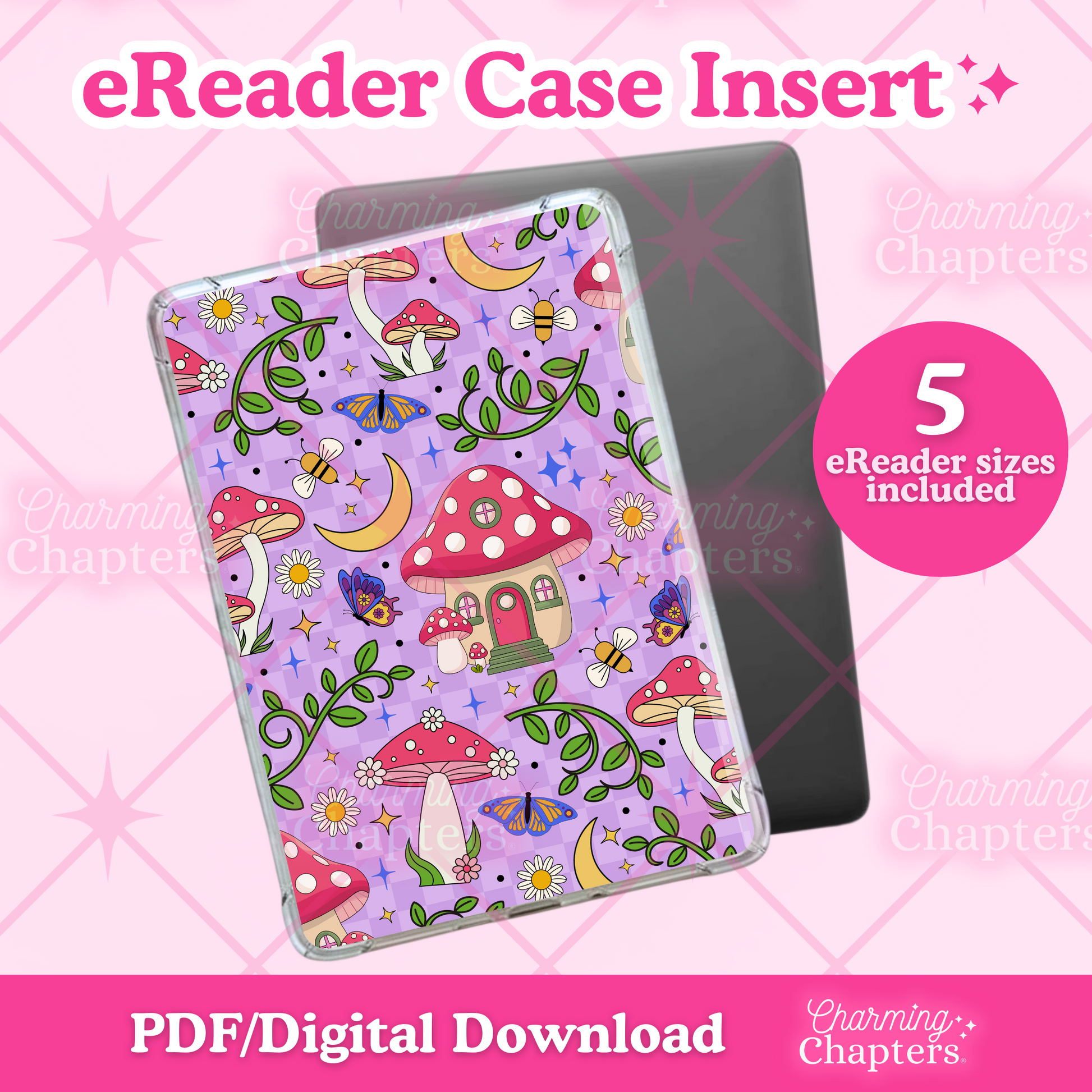 eReader case insert with an enchanted garden design on a pink grid background.
