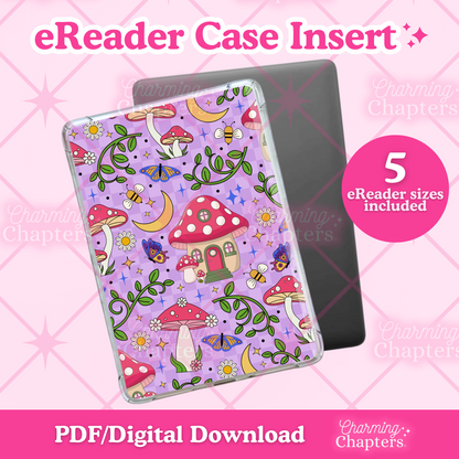 eReader case insert with an enchanted garden design on a pink grid background.