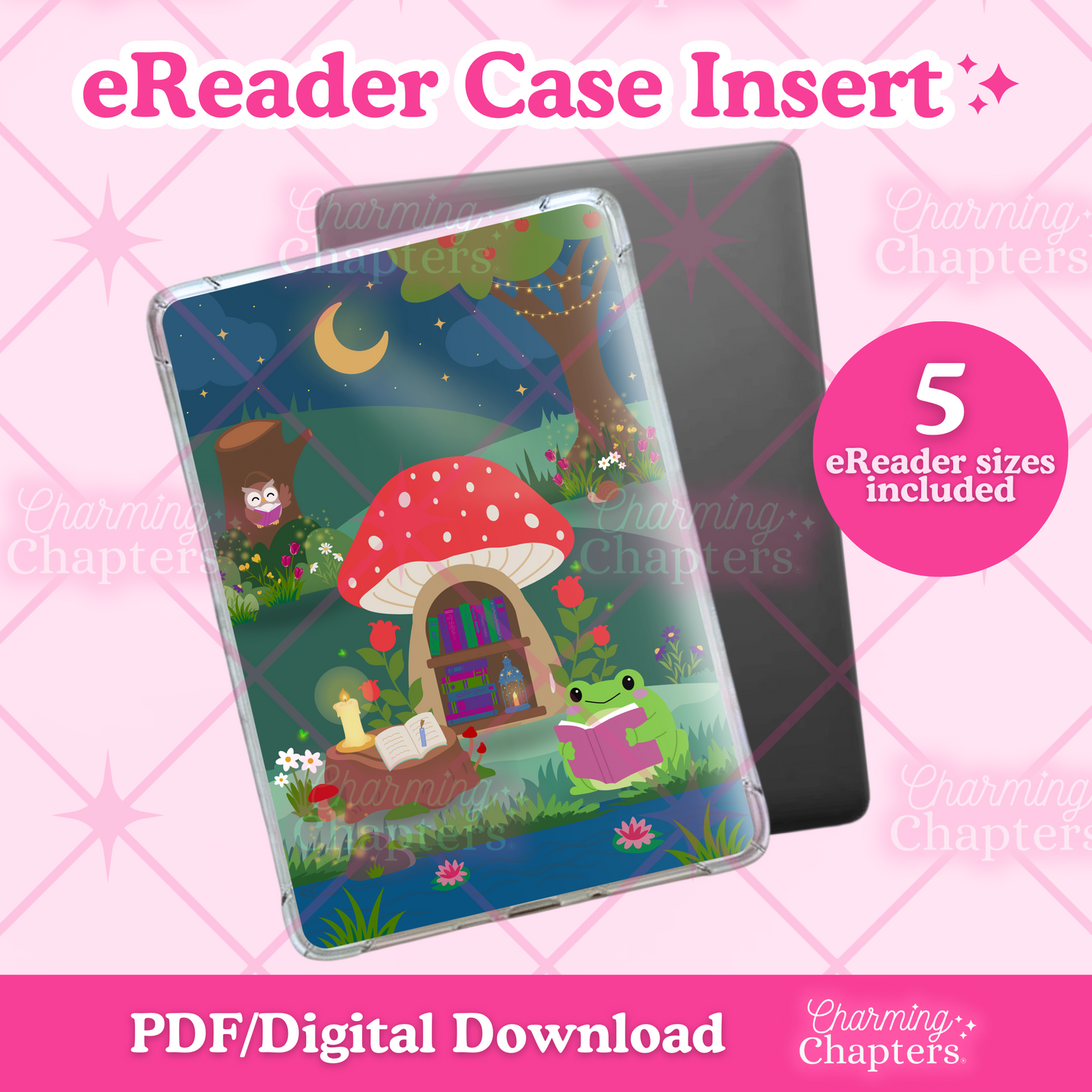 eReader case insert with a toadstool nook design on a pink grid background.