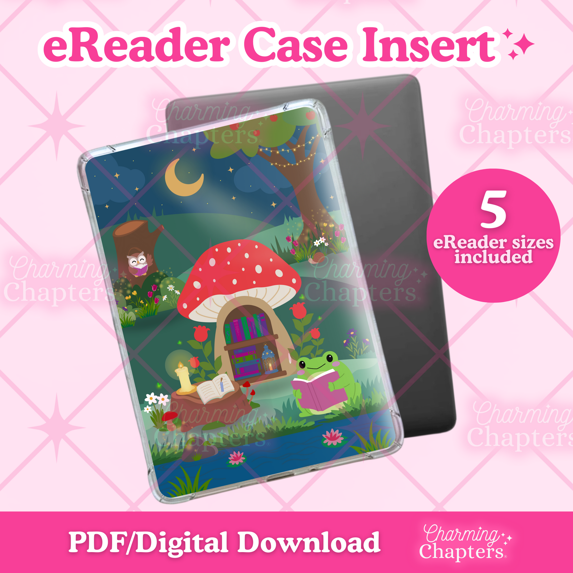 eReader case insert with a toadstool nook design on a pink grid background.