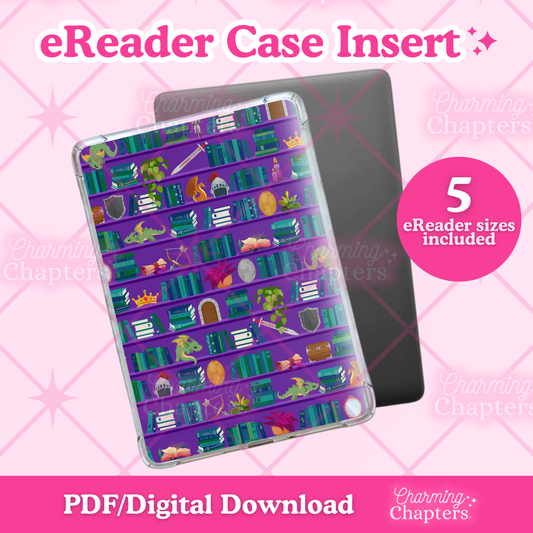 eReader case insert with purple fantasy bookshelf design on a pink grid background.