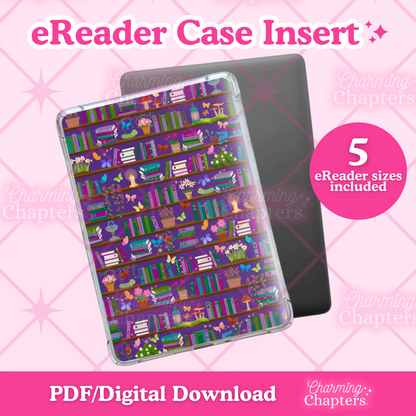 eReader case insert with a butterfly garden bookshelf design on a pink grid background.