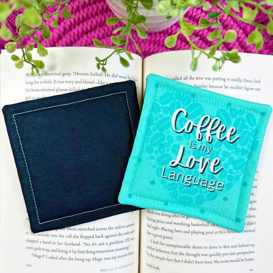 Coffee is My Love Language Mug Rug, Fabric Coaster, Teal Blue Drink Coaster, Coffee Lover Gift, Coffee Accessories,, Housewarming Gift Ideas