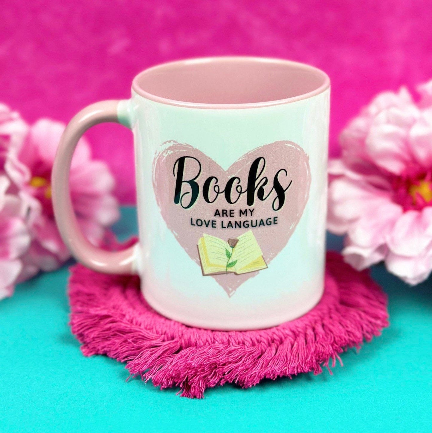 Books Are My Love Language Mug, 11 oz. Ceramic Coffee Mug, Bookish Coffee Cup, Book Lover Gift, Pink and White Coffee Mug, Coffee Lover Gift