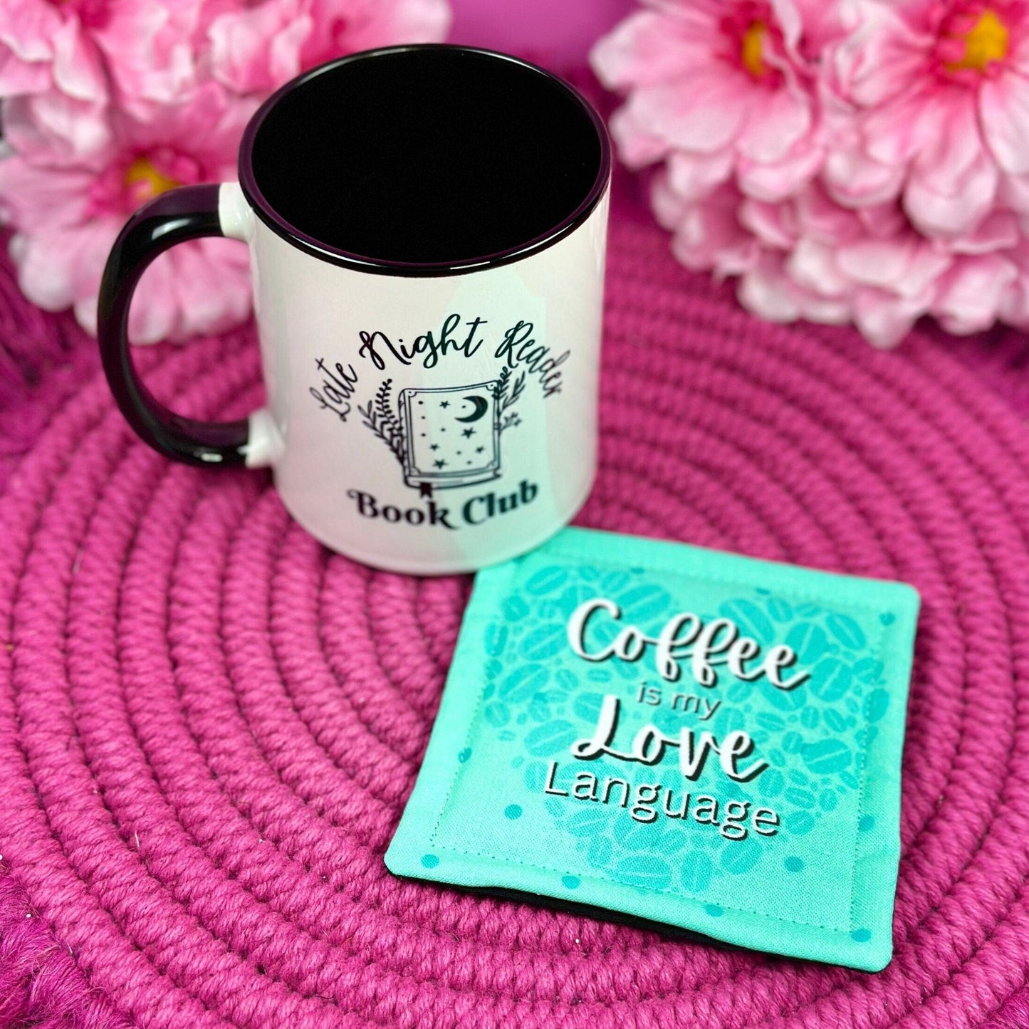 Coffee is My Love Language Mug Rug, Fabric Coaster, Teal Blue Drink Coaster, Coffee Lover Gift, Coffee Accessories,, Housewarming Gift Ideas