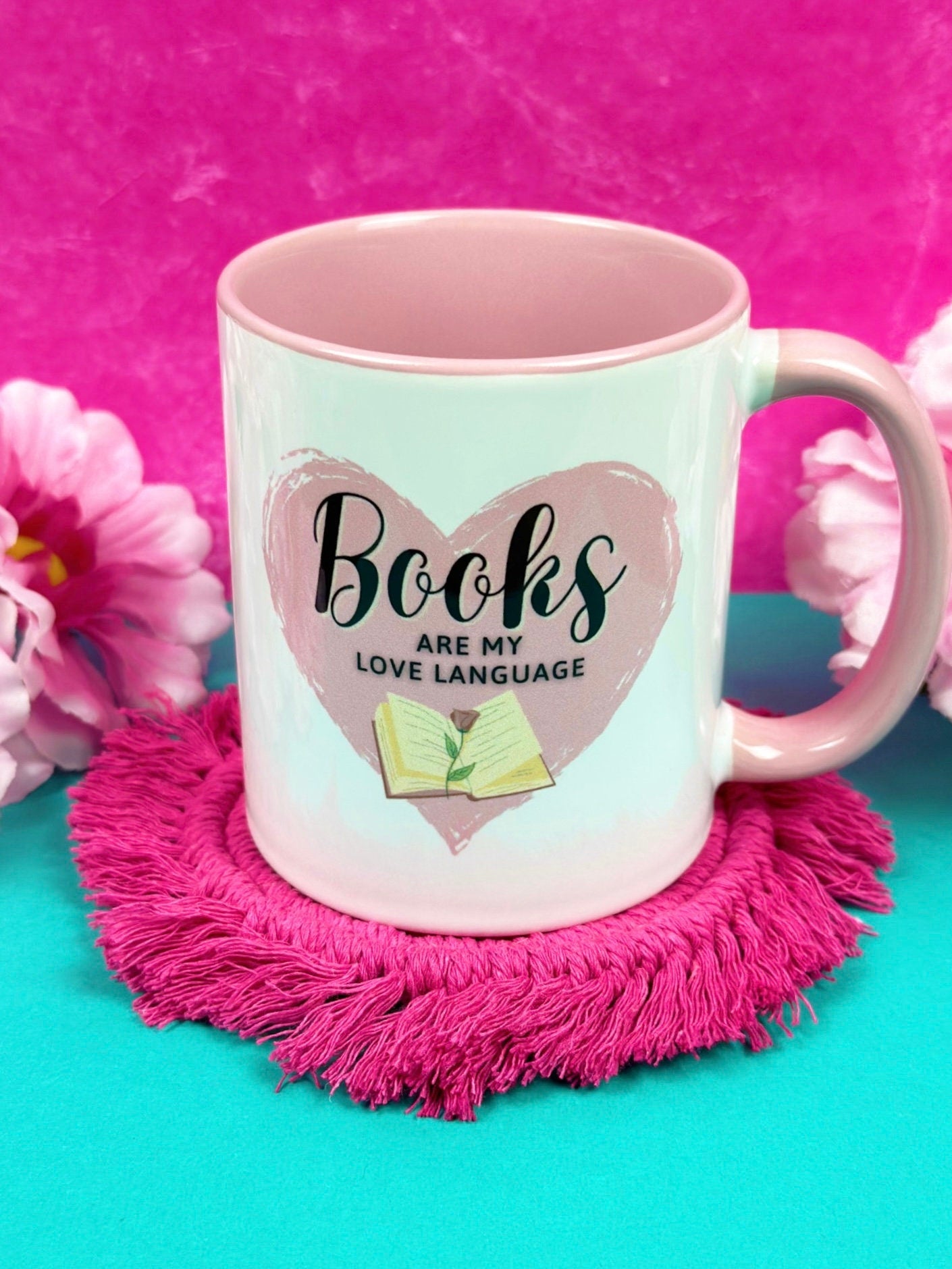 Books Are My Love Language Mug, 11 oz. Ceramic Coffee Mug, Bookish Coffee Cup, Book Lover Gift, Pink and White Coffee Mug, Coffee Lover Gift